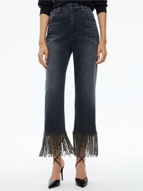 Alice + Olivia Amazing Crystal Fringe Hem Jean Size 27 Maya Charcoal Black